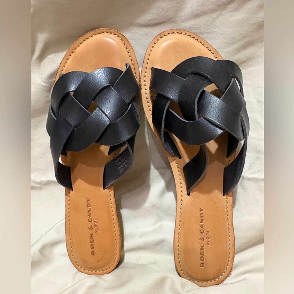 Rock & Candy Black Braided Leather Slide Sandals Size 8.5 NEVER WORN - Picture 2 of 5
